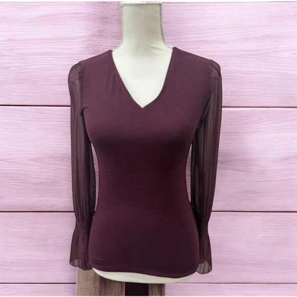 WHITE HOUSE BLACK MARKET WHBM Burgundy Long Sleeve Sheer Blouse Top Size XXS - Picture 1 of 7